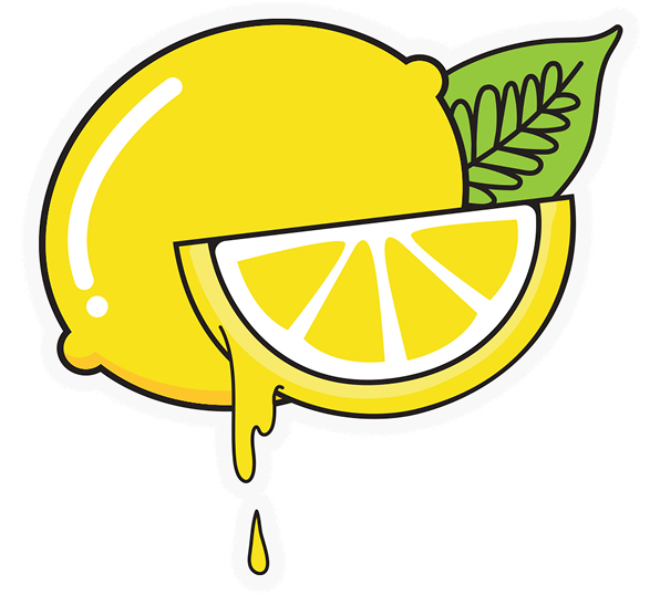 Illustration of a lemon with a slice and a leaf, dripping juice.