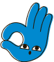 Blue cartoon hand with eyes showing an okay gesture.
