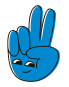 Blue cartoon hand showing a peace sign with a smiling face.
