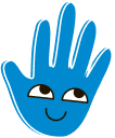Blue cartoon hand with eyes and a smile.