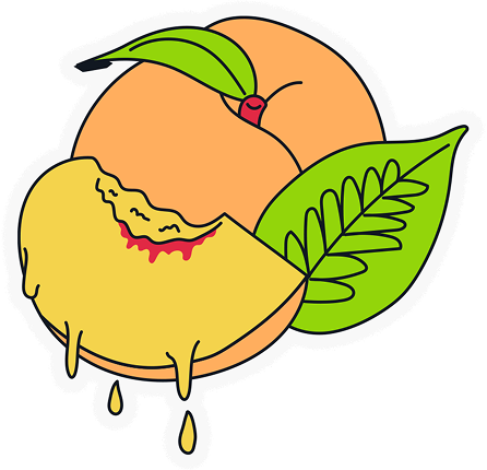 Illustration of a whole and sliced peach with green leaves and dripping juice.