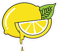 Illustration of a lemon with a slice, leaf, and juice dripping.