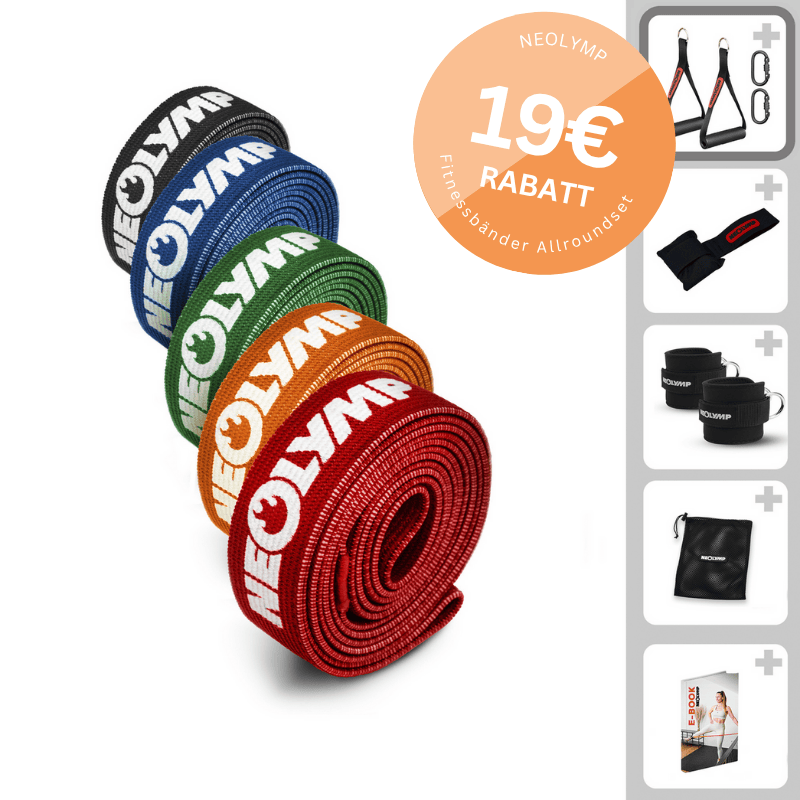 Colorful fitness bands with NEOLYMP branding and additional fitness accessories displayed.