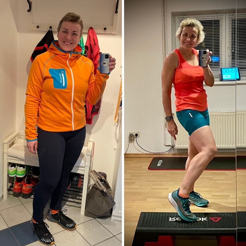 Two images of a person in different athletic outfits, smiling and holding a smartphone.