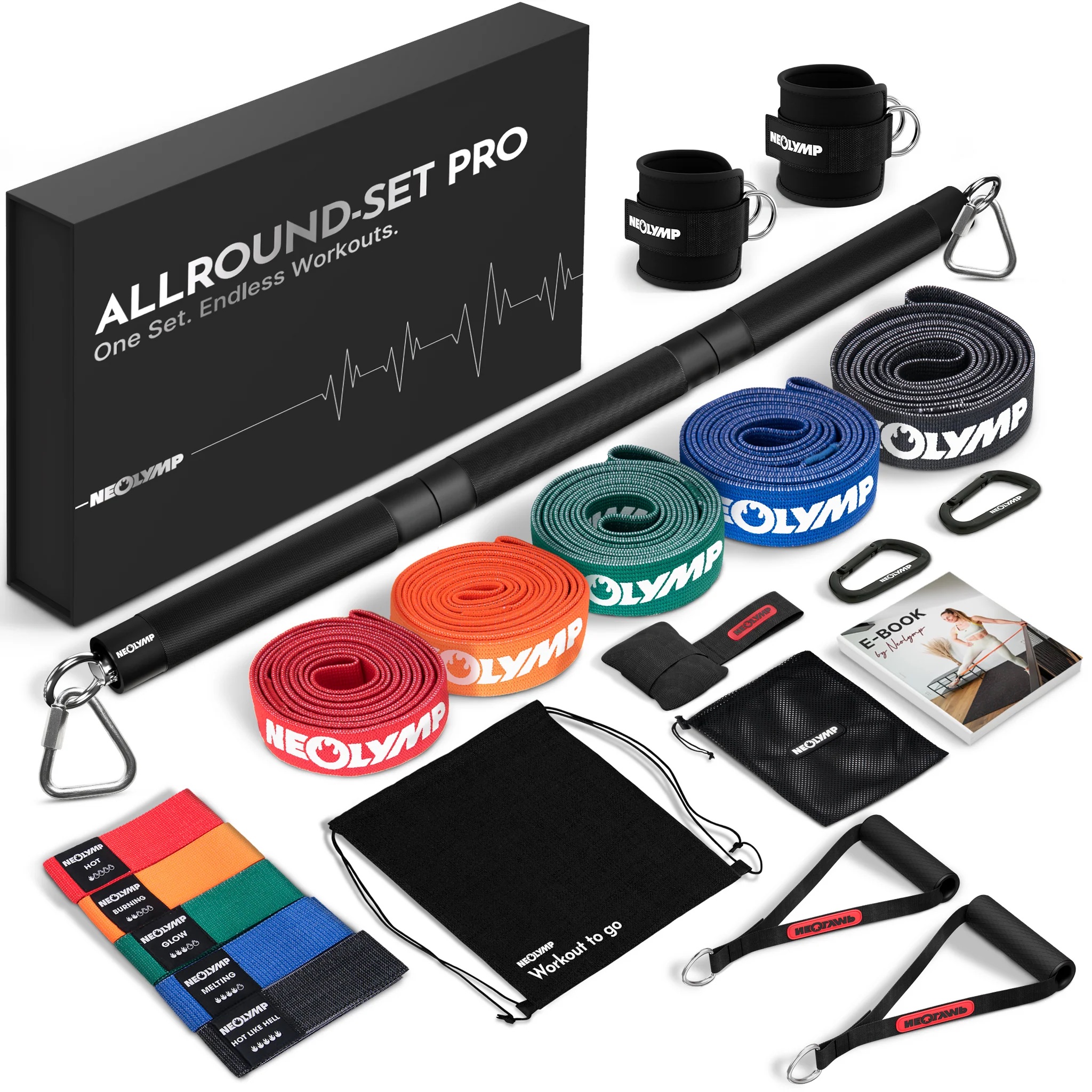 A Neolymp Allround-Set Pro workout kit with resistance bands, bar, handles, and other accessories on a white background.
