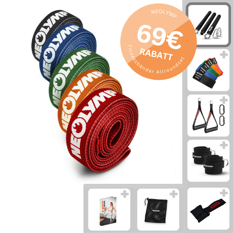 Colored resistance bands with 'Neolymp' logo and additional fitness gear shown.