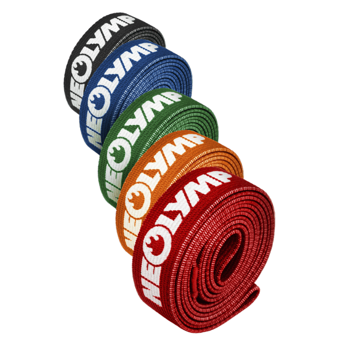 Colored rolled straps stacked vertically with 'NEOLYMP' text.