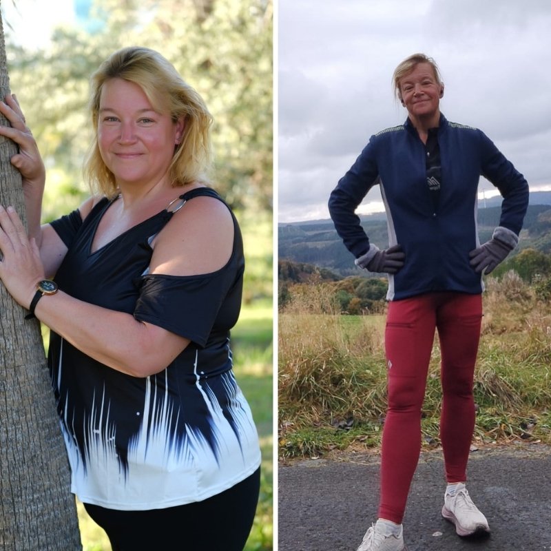 Before and after photos of a woman outdoors, wearing different outfits.