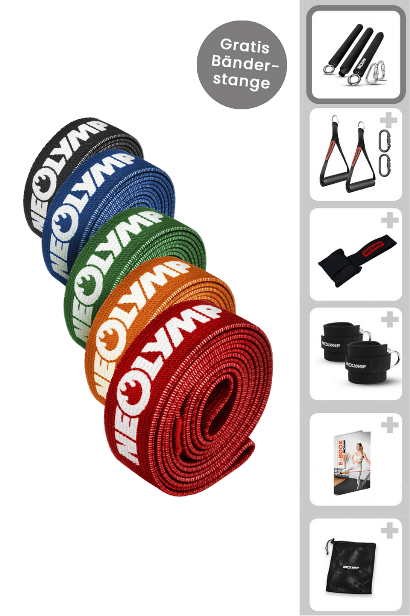 Colorful resistance bands with accessories displayed on the side.