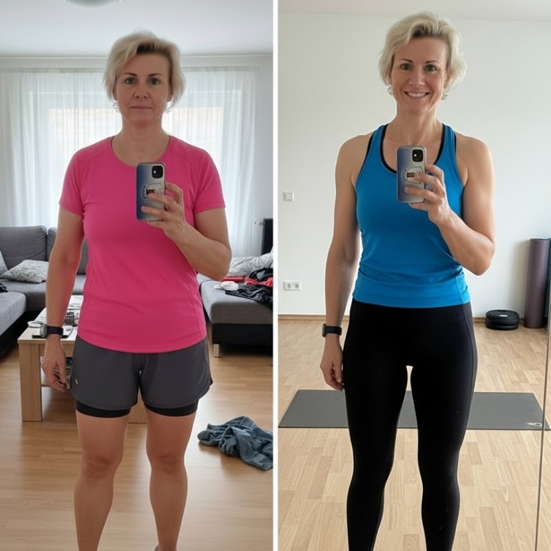 Two side-by-side photos of a person taking a mirror selfie in sports attire.