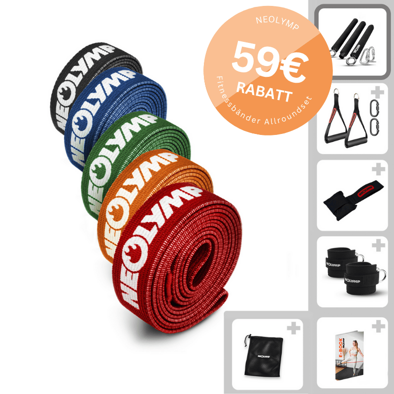 Colorful Neolymp resistance bands and fitness equipment on a promotional background.
