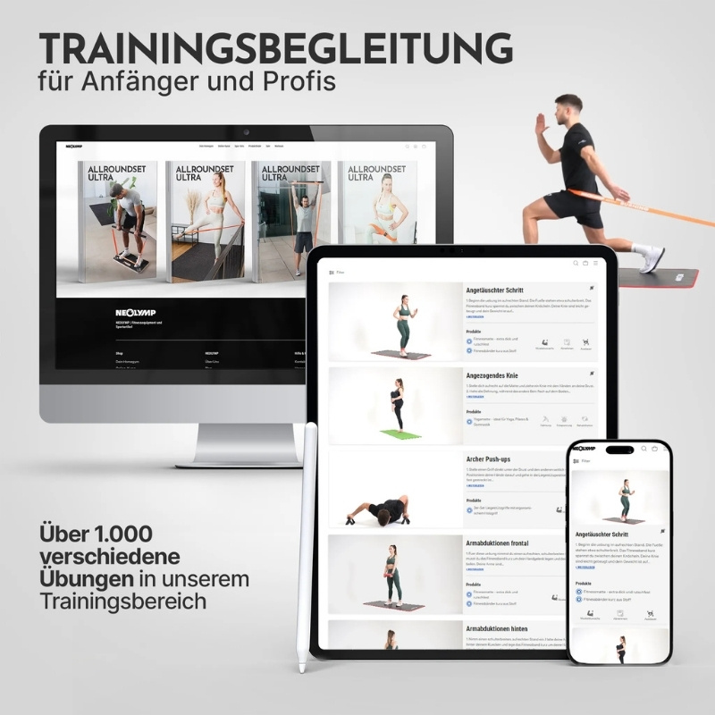 Devices displaying exercise guides, with a person using resistance bands.