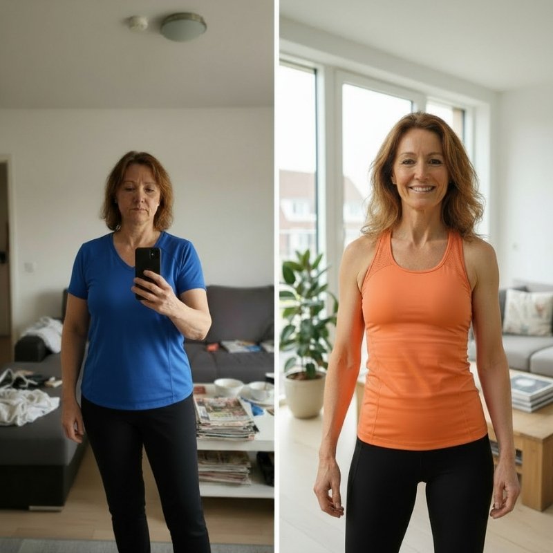 Two images of a woman in fitness clothing, before and after transformation.