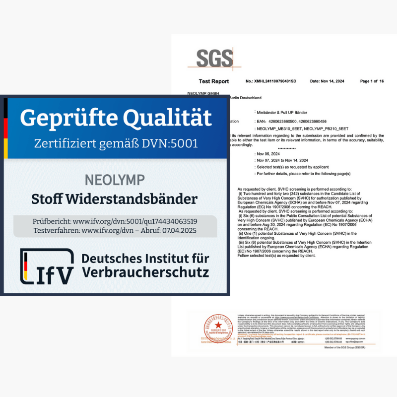 Certification document with German text and SGS test report.