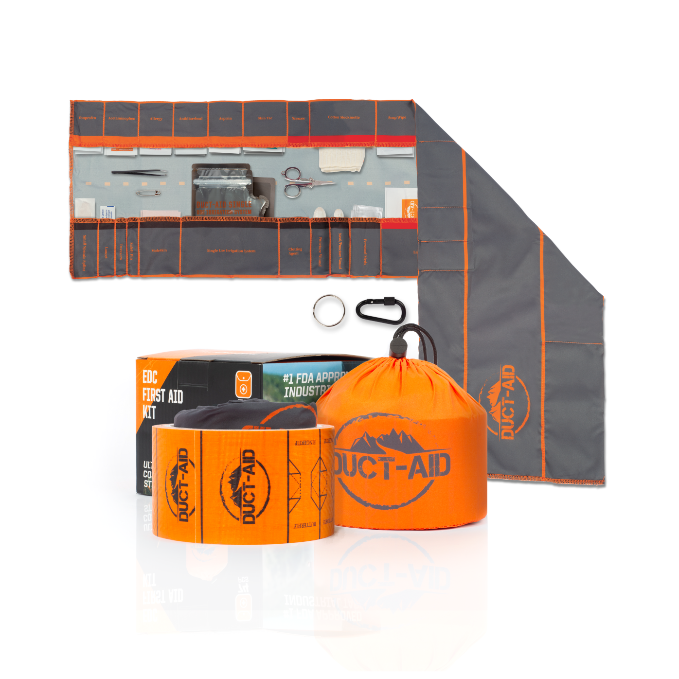 Orange and gray first aid kit with various medical supplies and accessories.