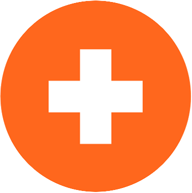 White cross on an orange circular background.