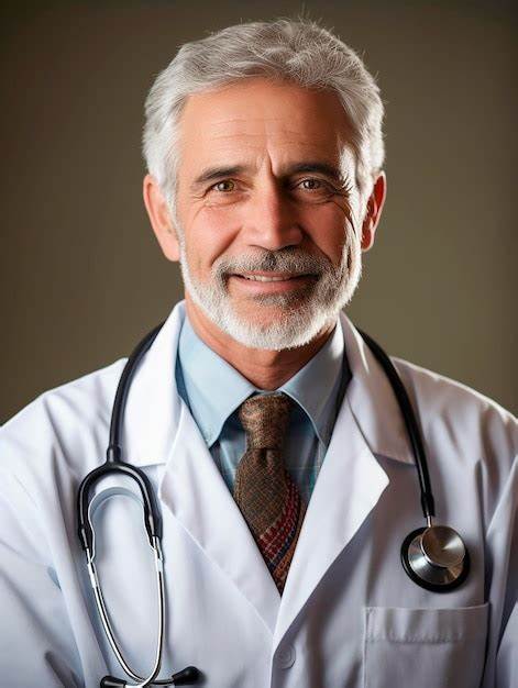 Smiling man in a white coat with a stethoscope around his neck.