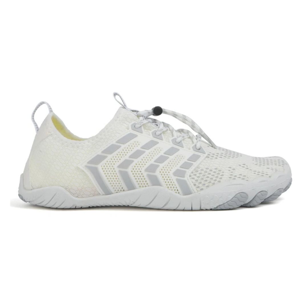 White athletic shoe with mesh design and gray accents.