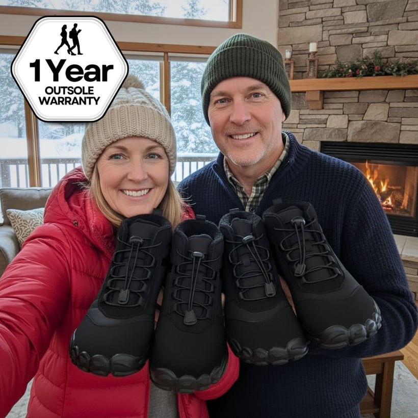 Tan hiking boots with black soles, featuring a 1-year outsole warranty label.