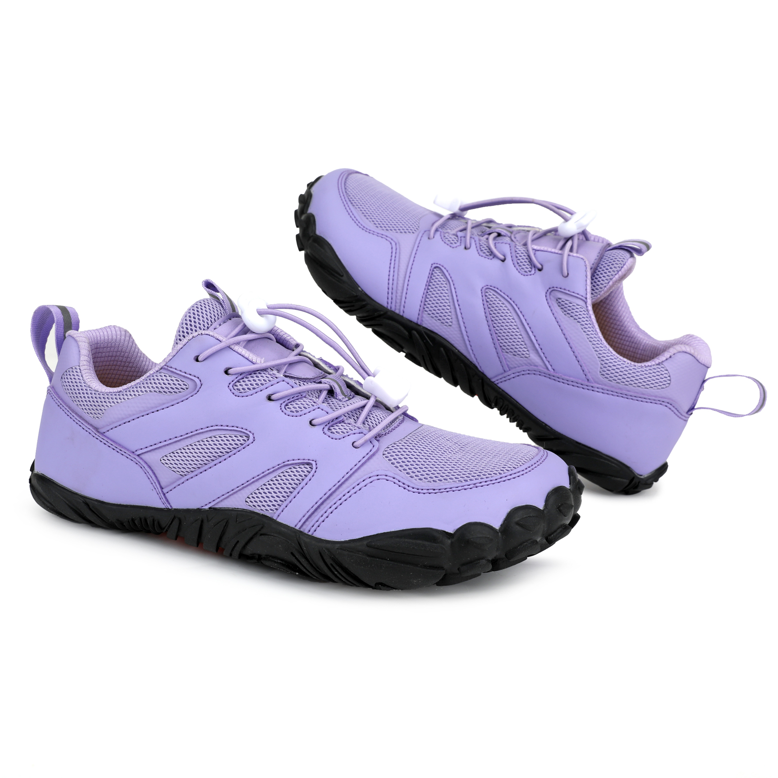 Pair of purple athletic shoes with black soles on a white background.