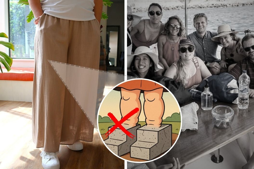 Collage of wide-leg pants, group photo on a boat, and cartoon of legs on blocks.