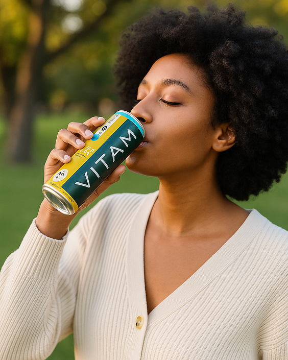 Person drinking from a can labeled 'VITAM' in a park setting.