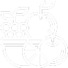 White line drawing of a fruit bowl with apples and grapes on a black background.
