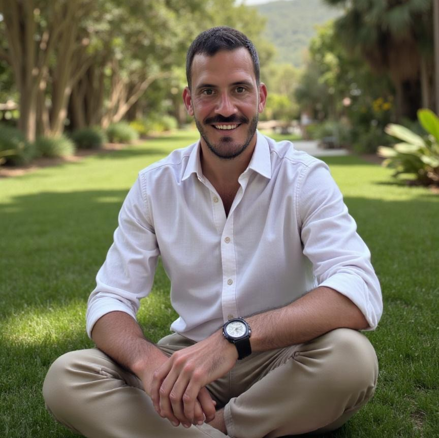 Man sitting cross-legged on grass in a park, smiling.