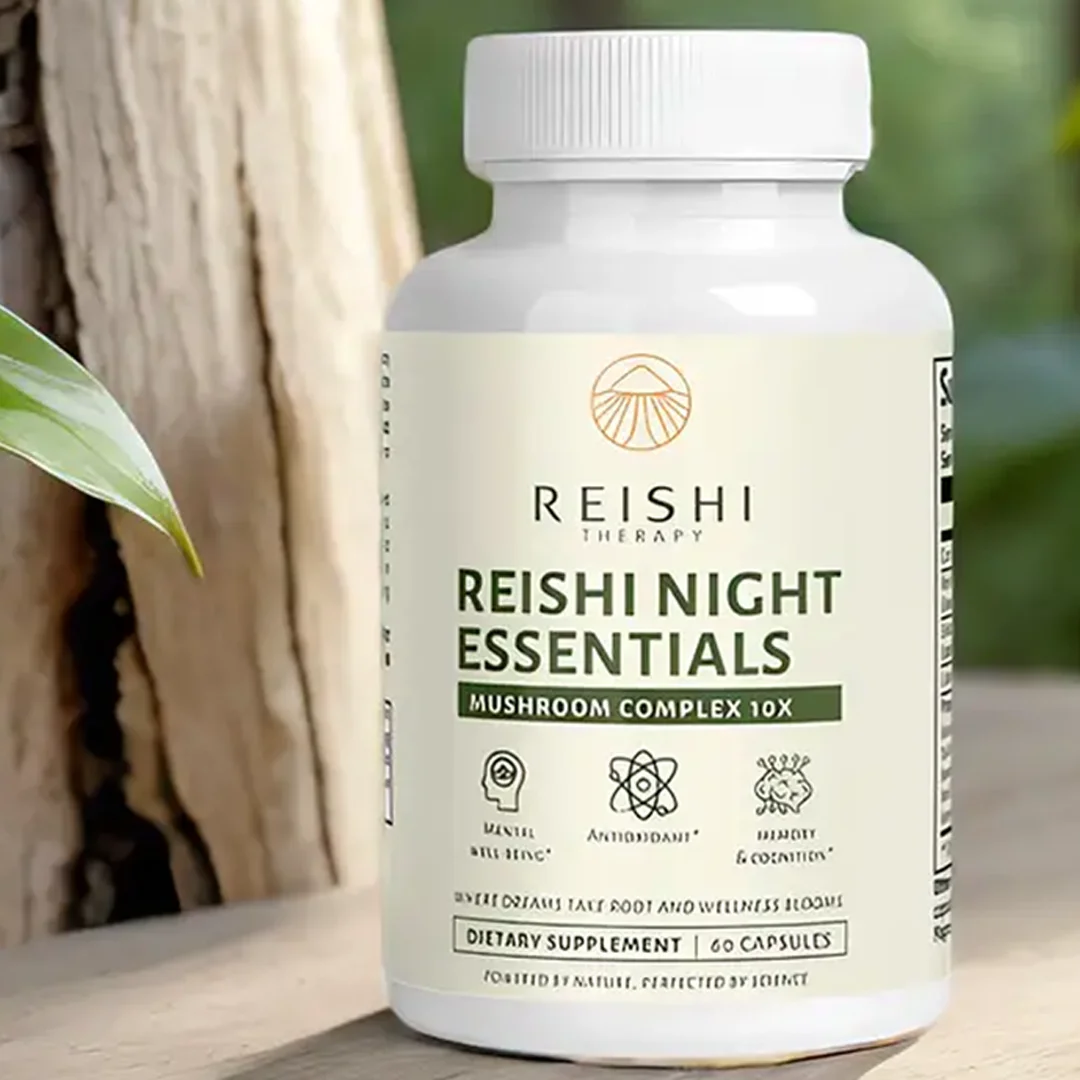 Bottle of Reishi Night Essentials dietary supplement on a wooden surface.