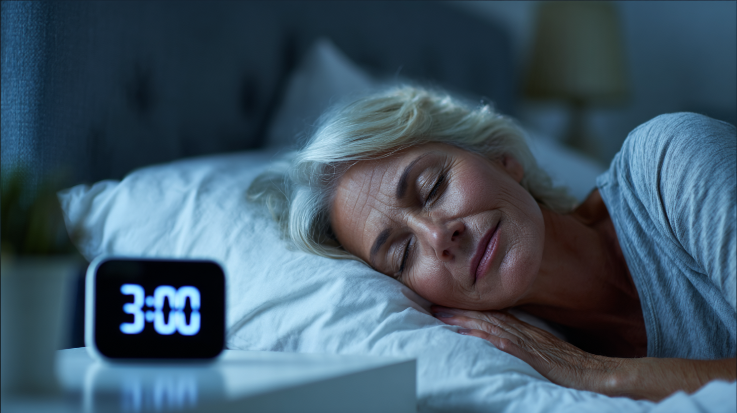 Woman sleeping peacefully in bed with a digital clock showing 3:00.