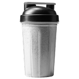 A clear shaker cup with a black lid and gray handle, filled with a speckled white beverage.