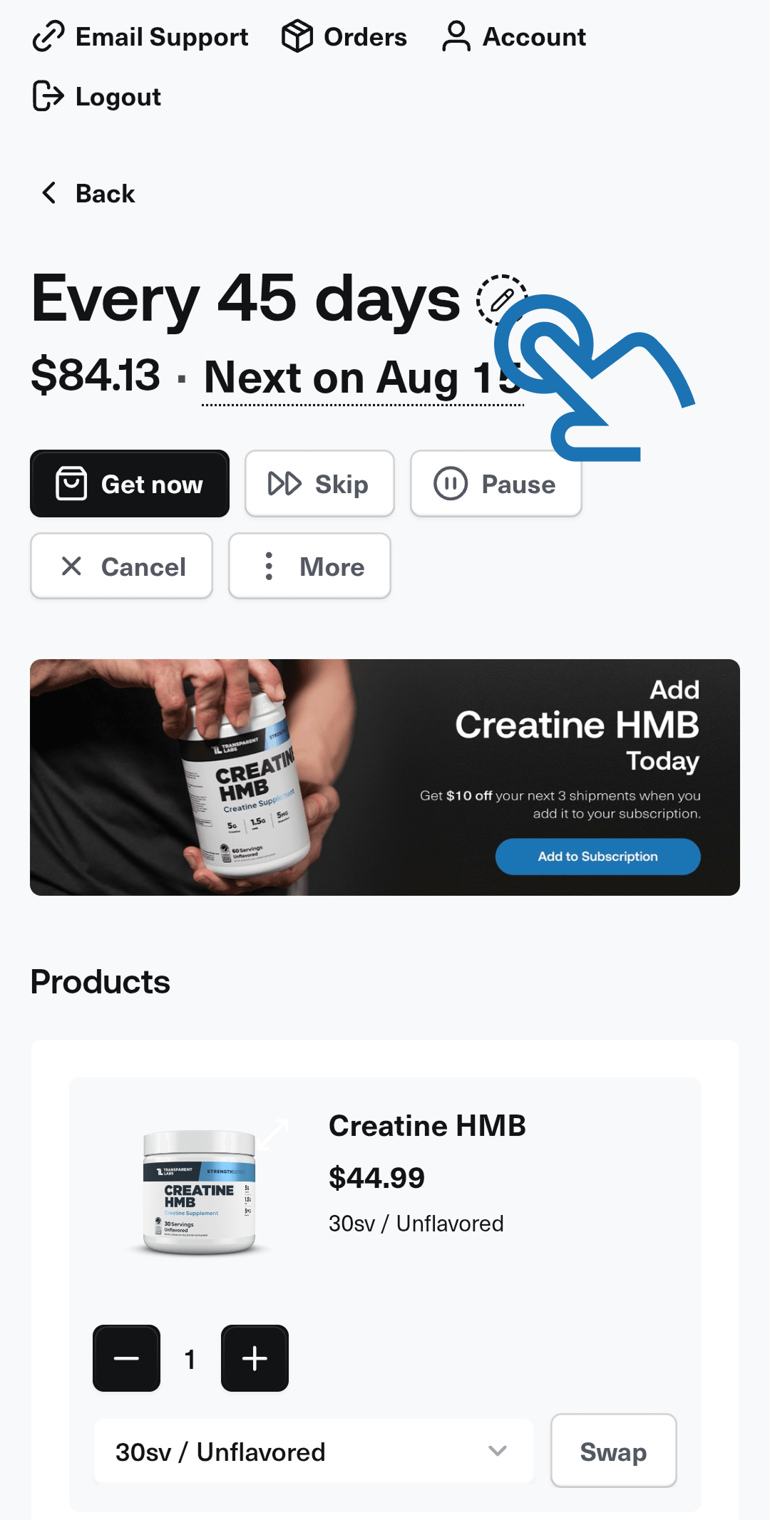 A subscription management page for a Creatine HMB supplement, showing delivery frequency, cost, and product details.