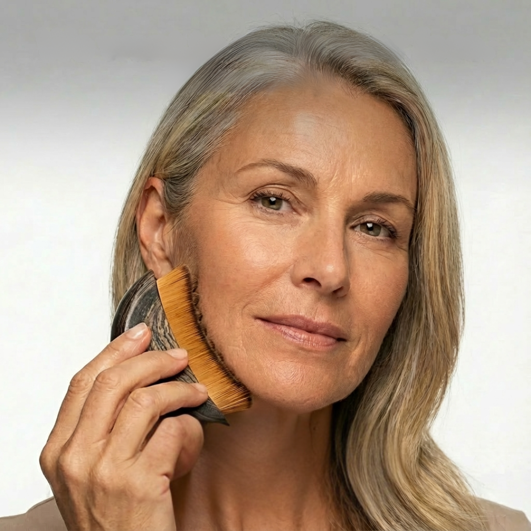 Person with long hair using a facial brush.
