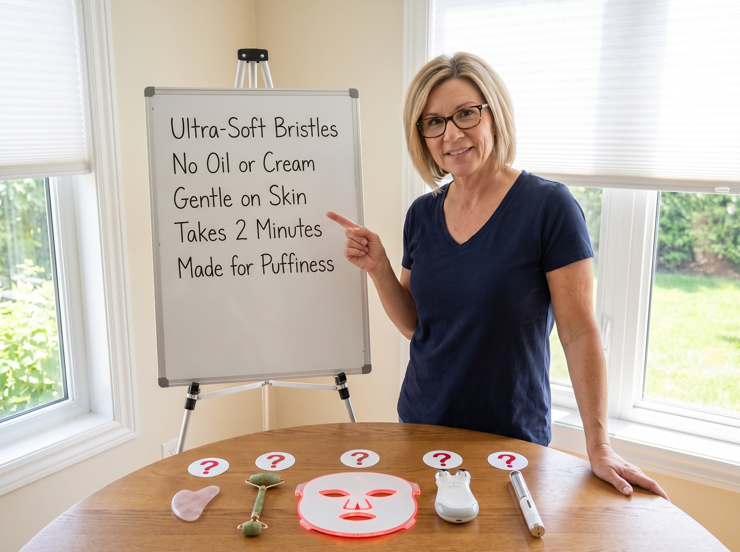 A woman points to a whiteboard with a list of features, with various skincare tools on a table.