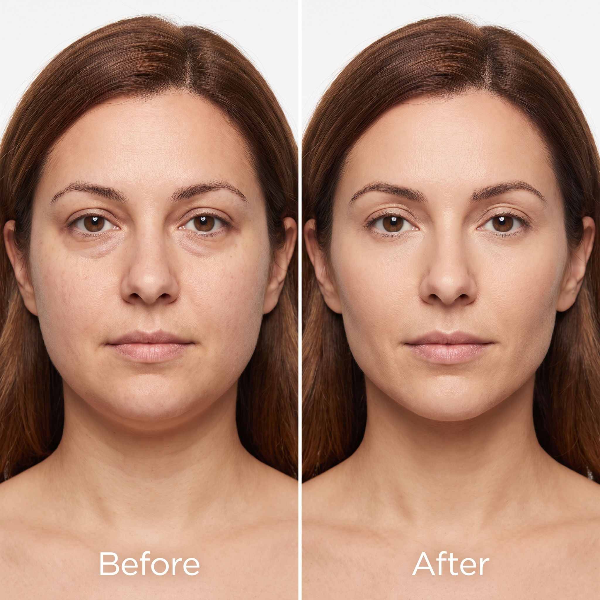 A side-by-side comparison of a woman's face, showing a before and after of makeup application.