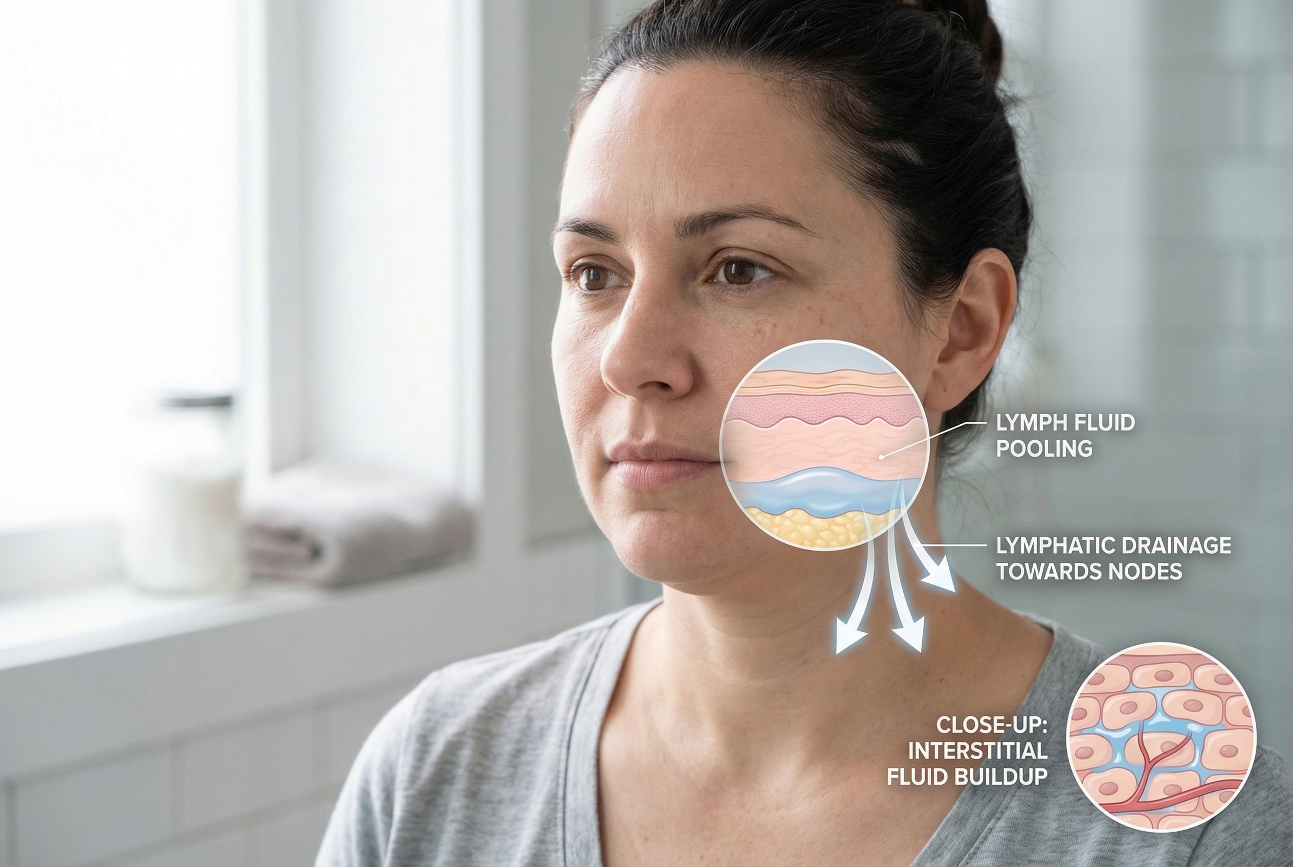 An illustration of lymph fluid pooling and lymphatic drainage overlaid on a photo of a woman's face.