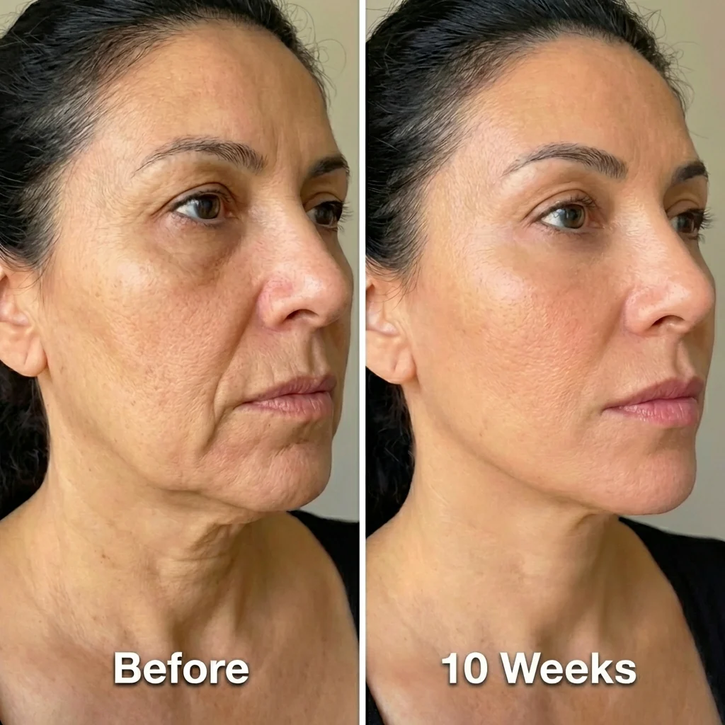 A side-by-side comparison of a woman's face, showing a visible reduction in wrinkles after ten weeks.