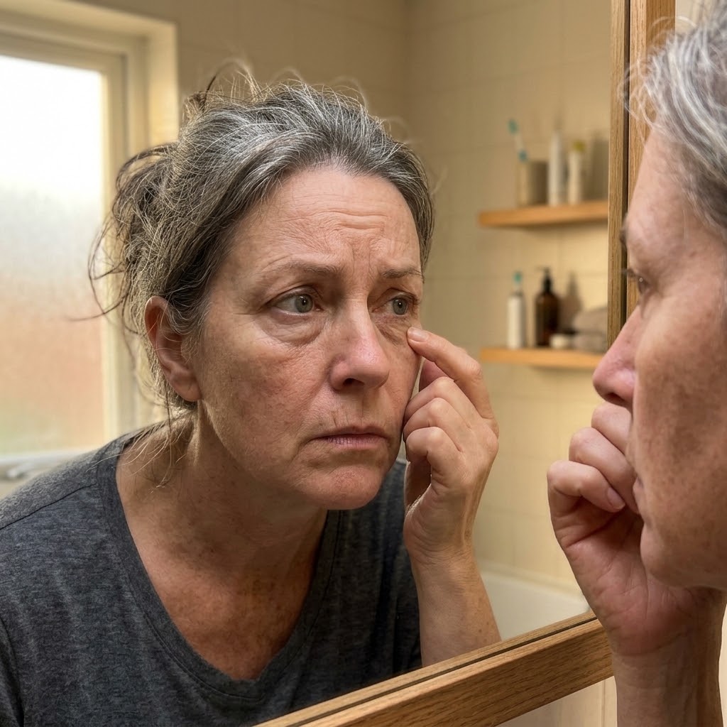 A woman with graying hair looks in a mirror, touching the skin under her eye with a concerned expression.