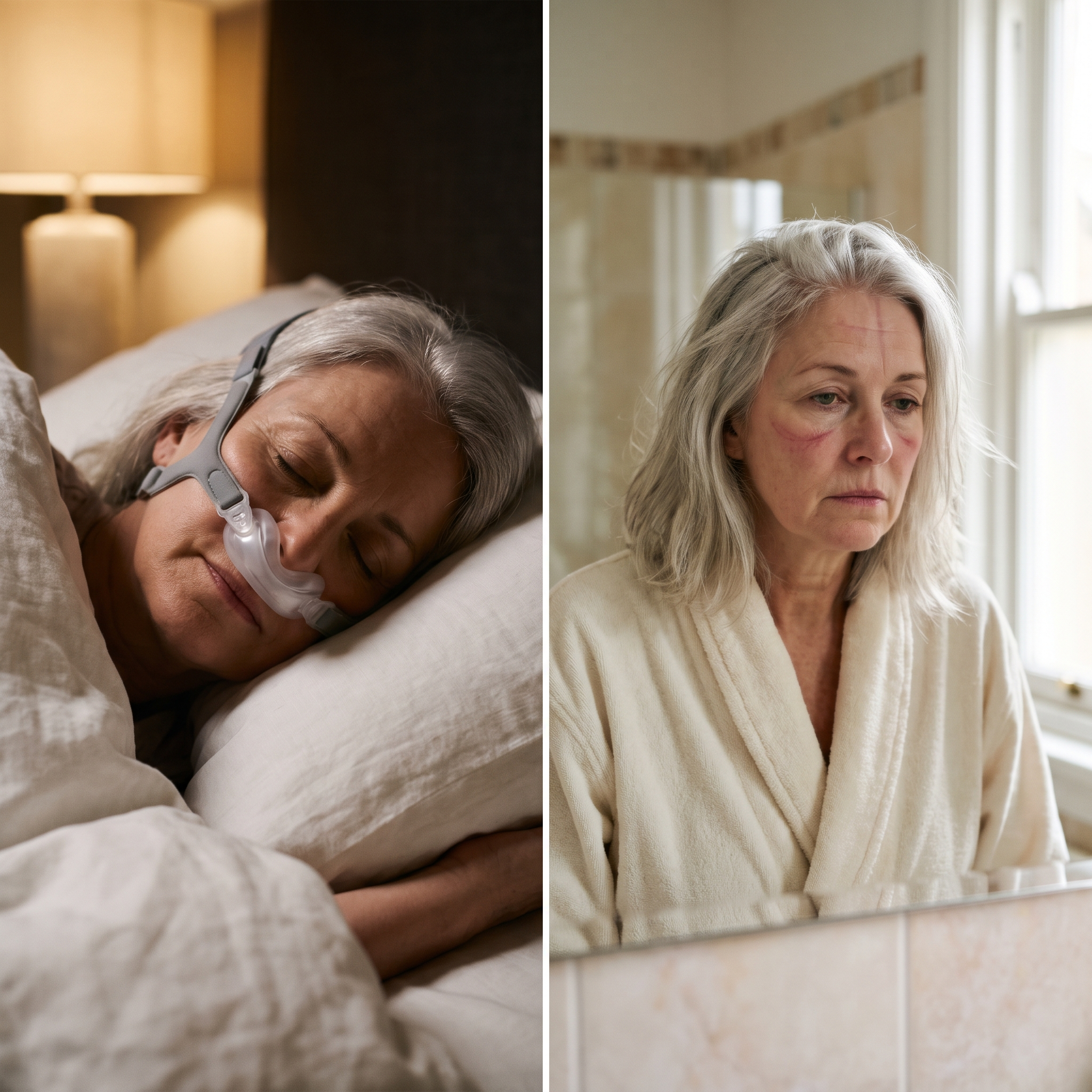 A split image of a woman sleeping with a CPAP mask and then awake with red marks.