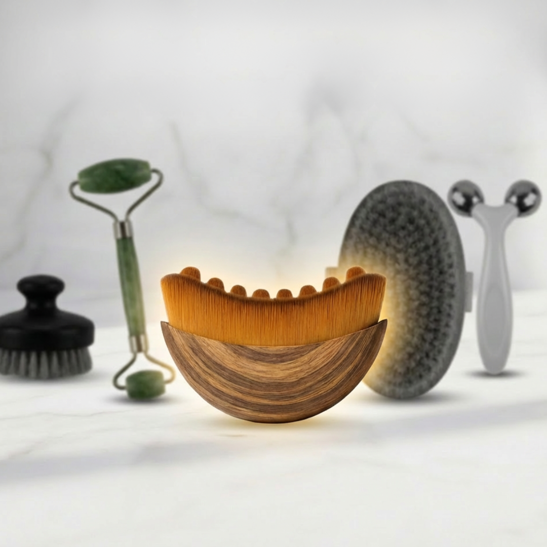 An assortment of face and body brushes and rollers arranged on a marble surface.