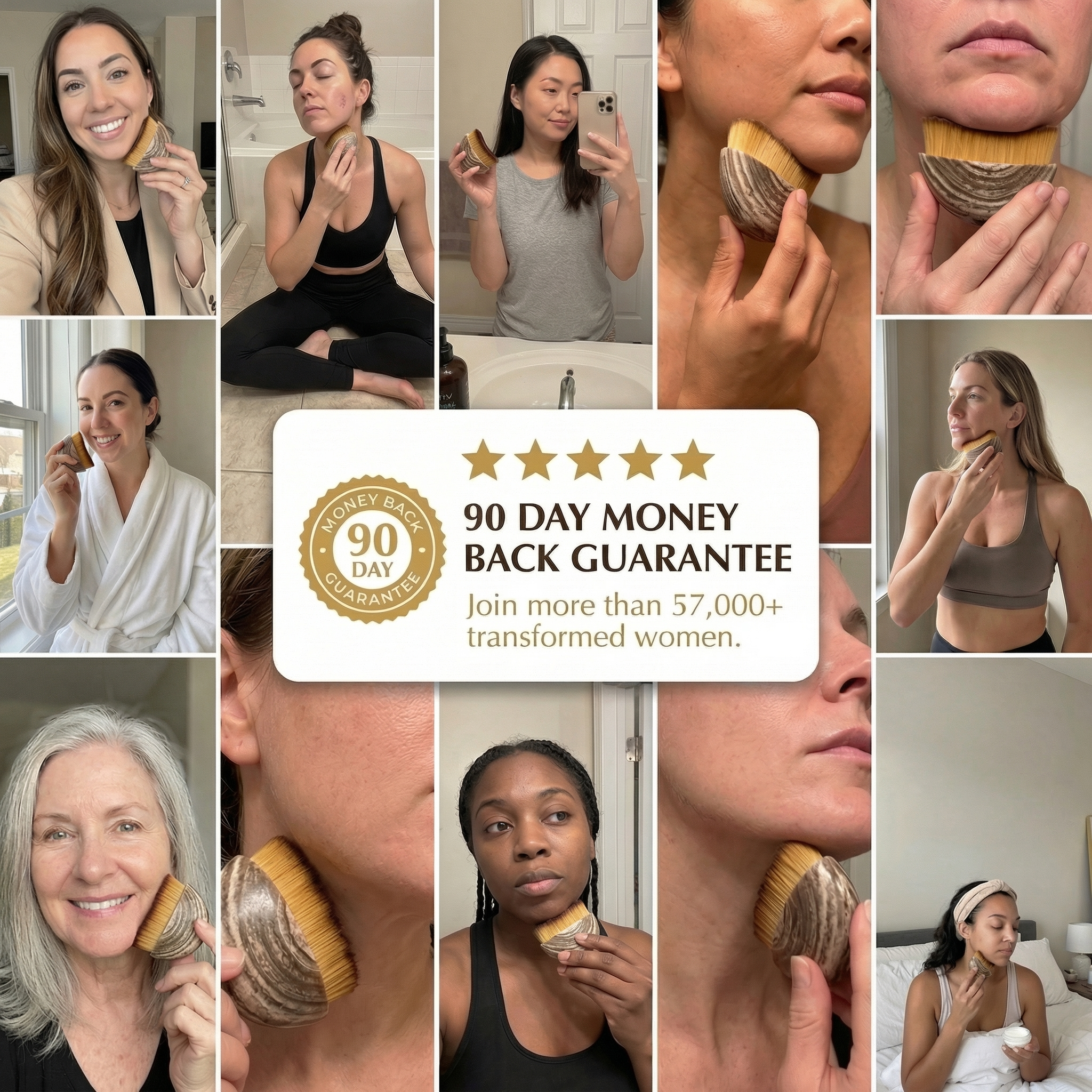A collage of diverse women using a half-moon shaped brush on their faces, surrounding a money-back guarantee graphic.
