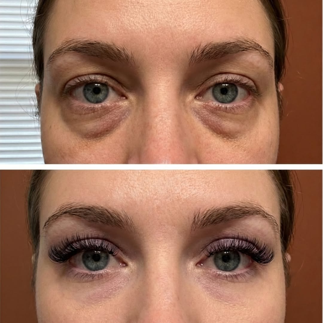 A split image showing a before and after of a woman's eyes with eyelash extensions applied.