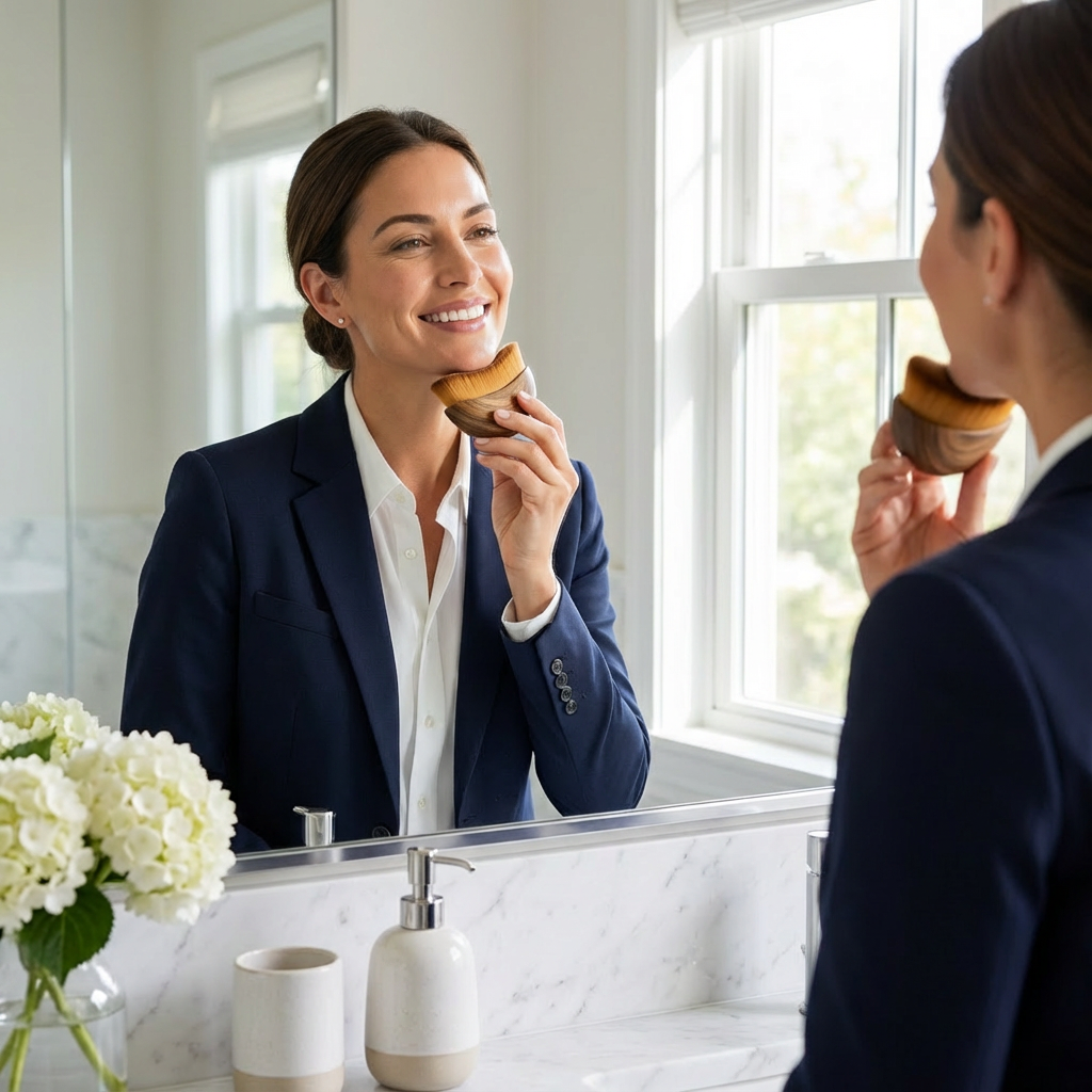 A woman in a business suit smiles while applying makeup with a large brush in a mirror.