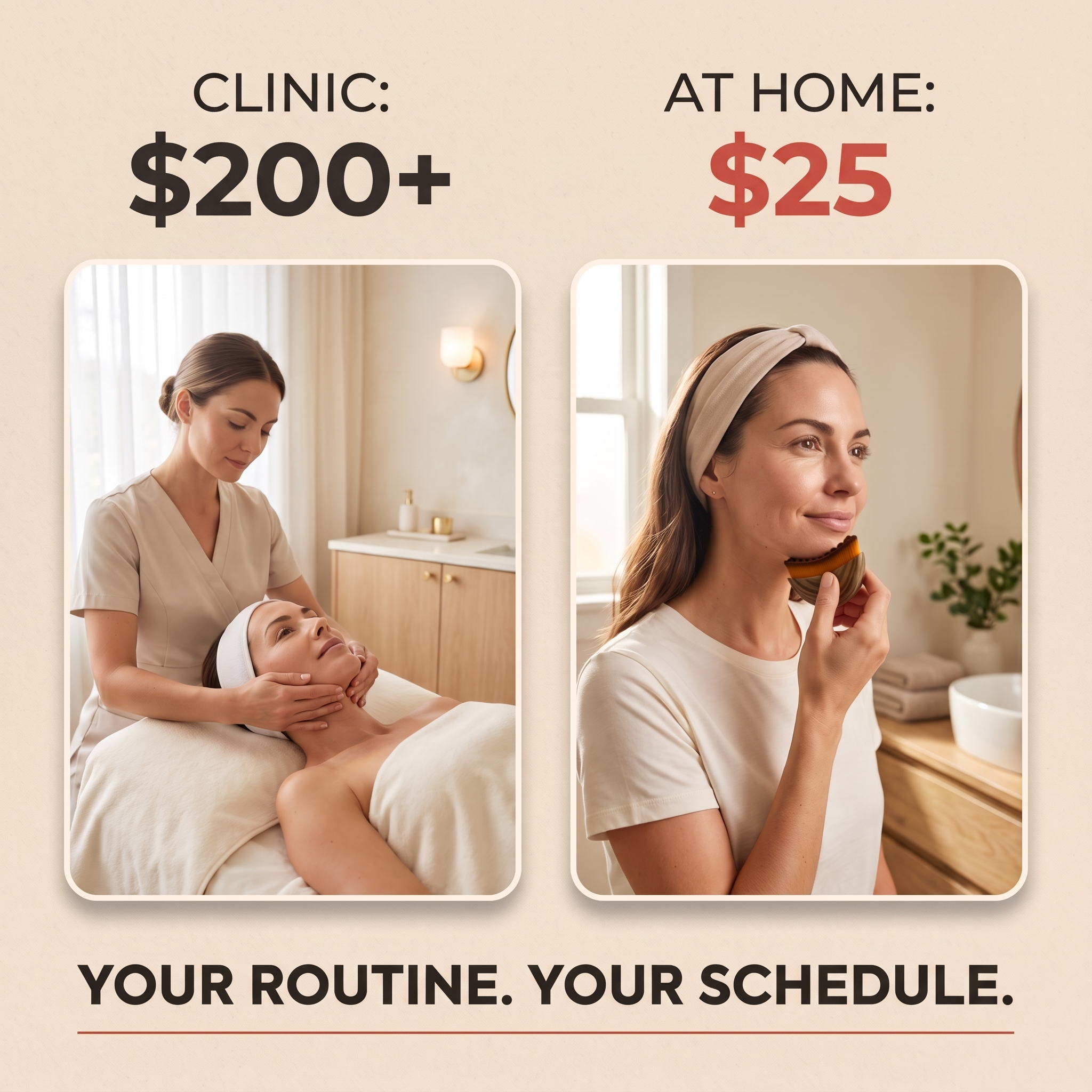An ad comparing a $200+ clinic facial treatment to a $25 at-home beauty routine.