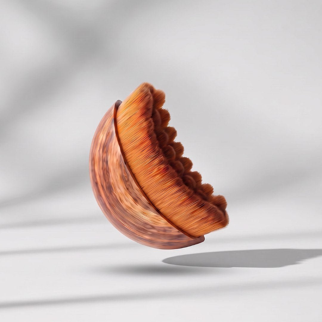 A round makeup brush with a wood-grain base and wavy orange bristles floats against a white background.