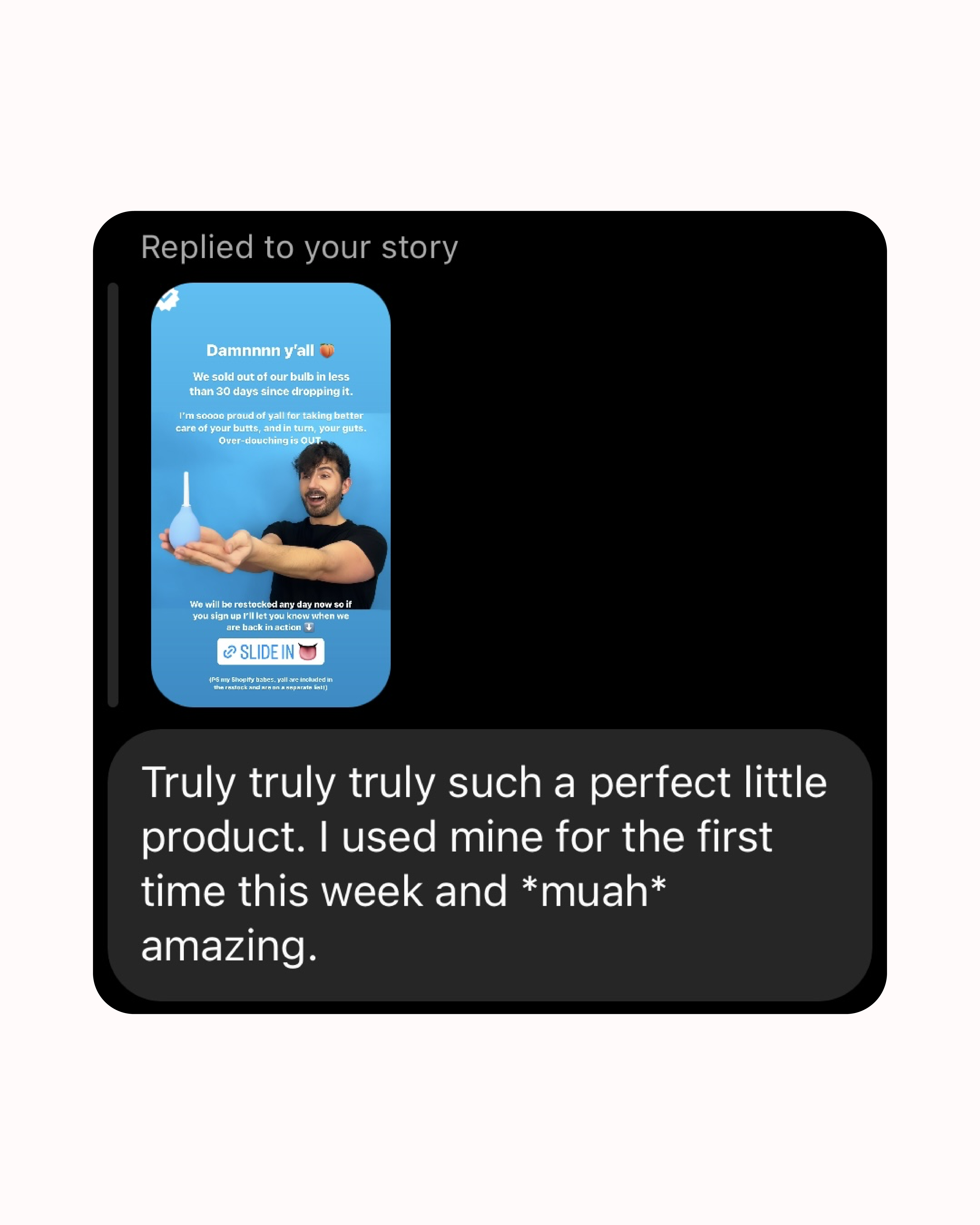 Screenshot of a social media post with a man holding a blue bulb product.