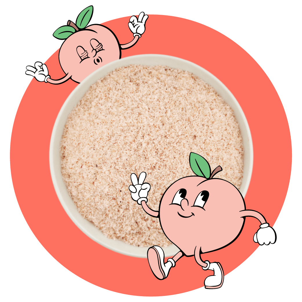 Bowl of brown powder with two cartoon peach characters on a red background.