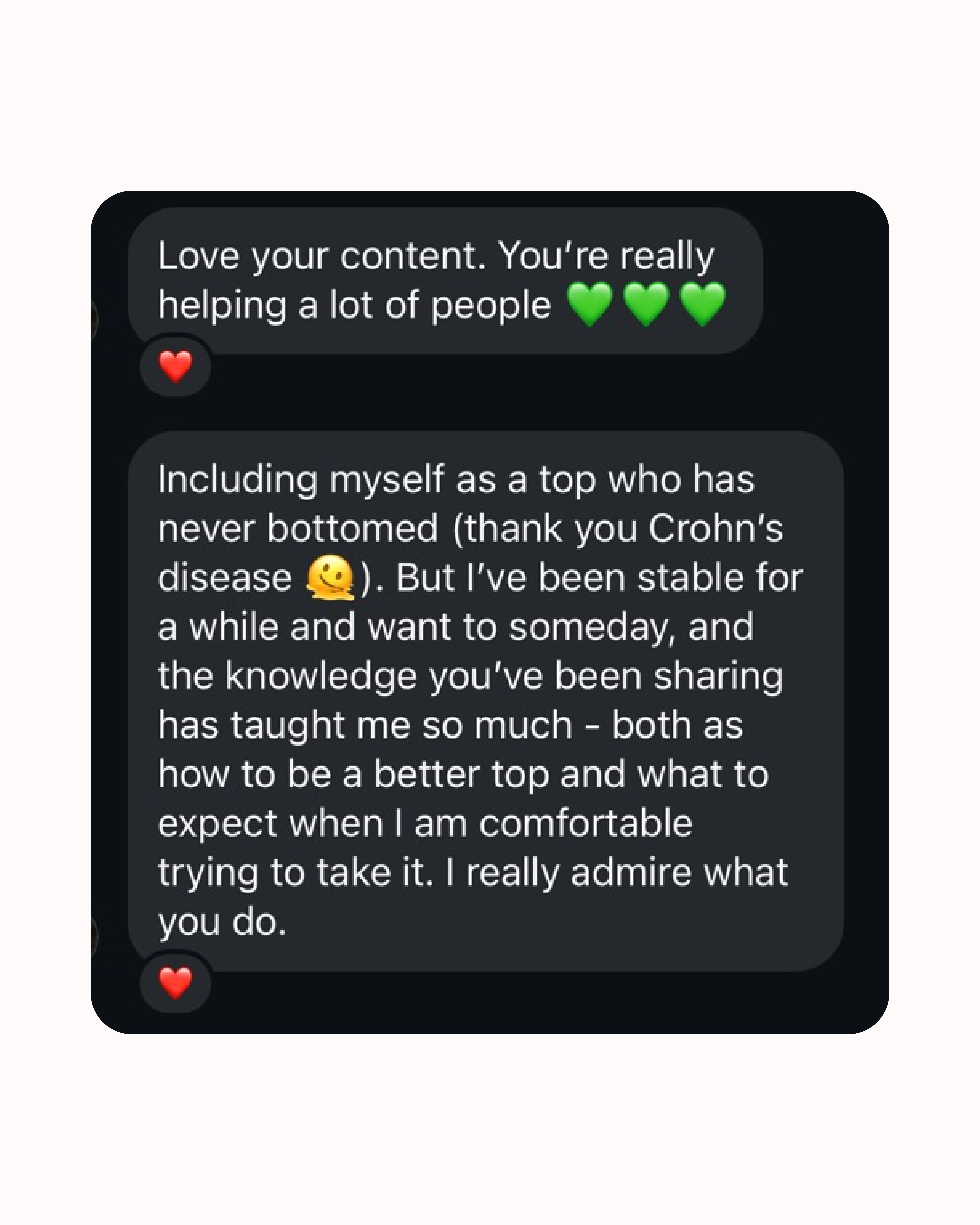 Screenshot of a text conversation expressing appreciation and discussing personal experiences.
