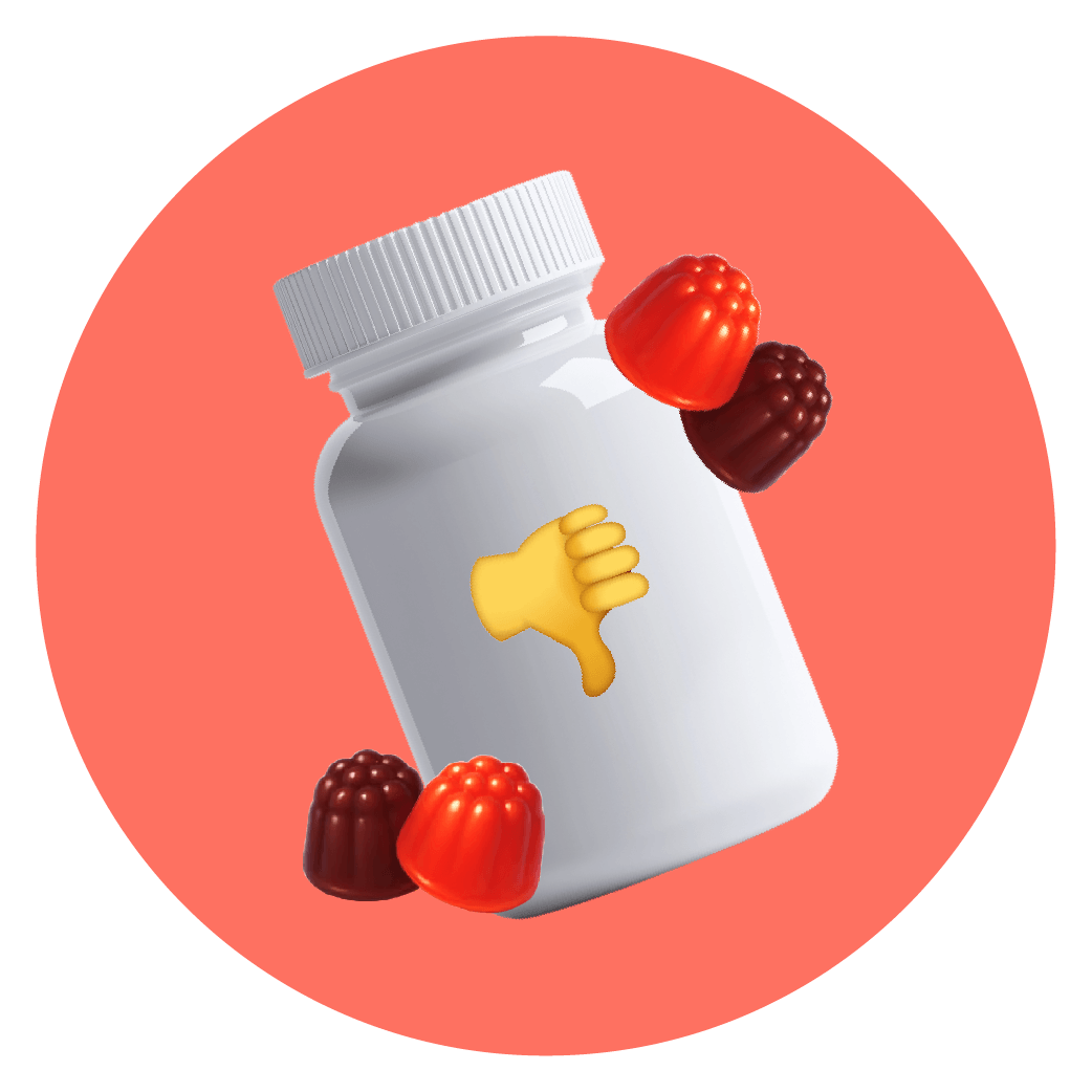White bottle with a thumbs-down emoji, surrounded by red and black gummy candies.
