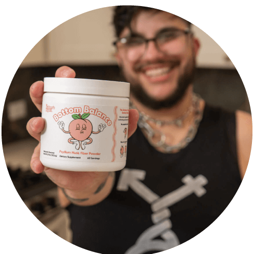 Person holding a container labeled 'Bottom Balance' with a cartoon peach illustration.